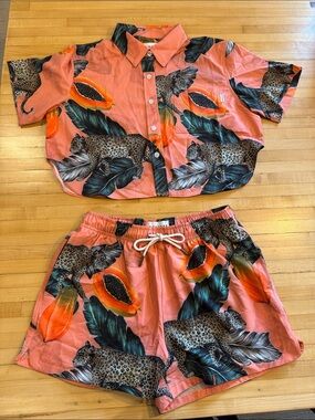 MAVRANS Tropical Leopard Print Two-Piece Set - Coral & Teal